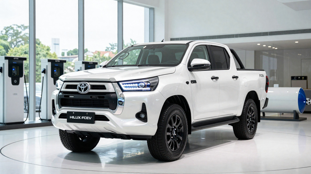 White Toyota Hilux FCEV pickup truck displayed indoors near electric charging stations.