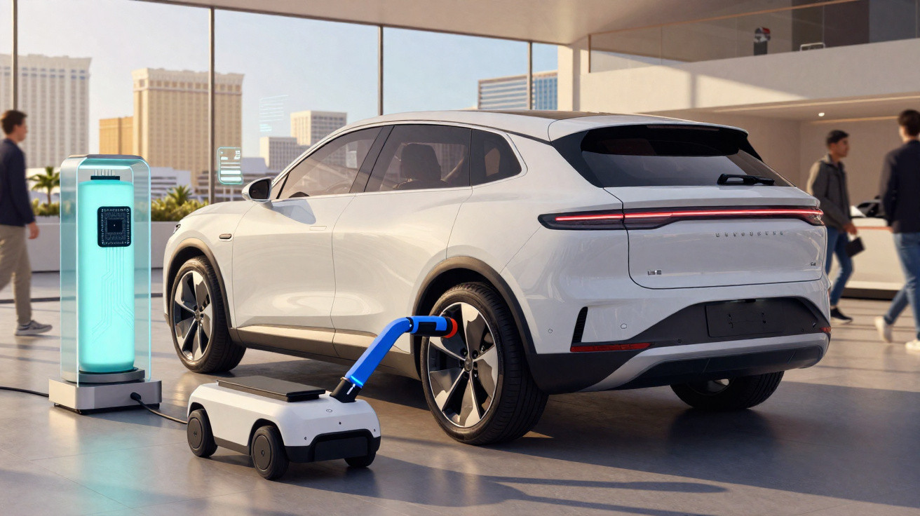 White electric SUV being charged by a small autonomous robot near a futuristic city building with people walking by.