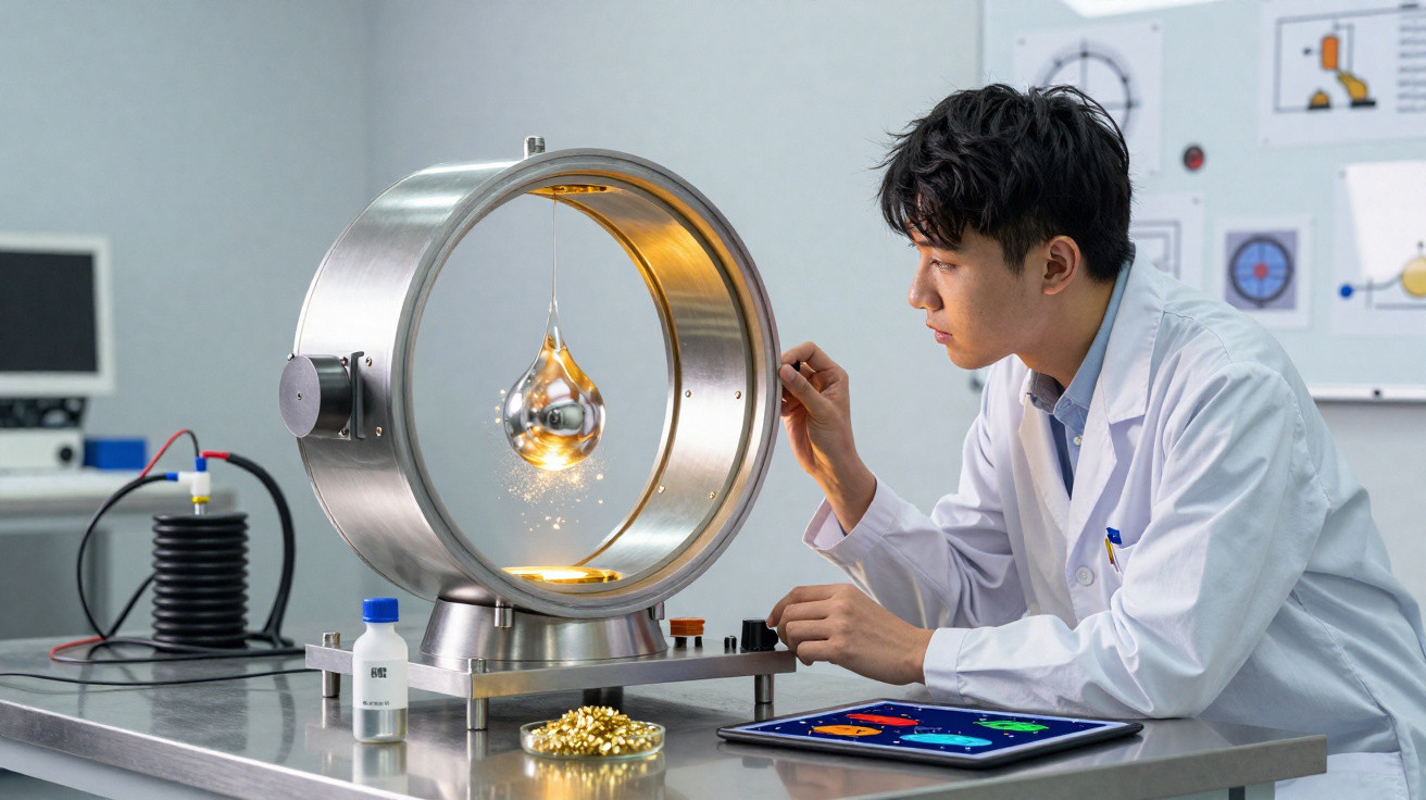 Scientist in lab coat examining suspended metal drop inside circular metal apparatus on lab table.