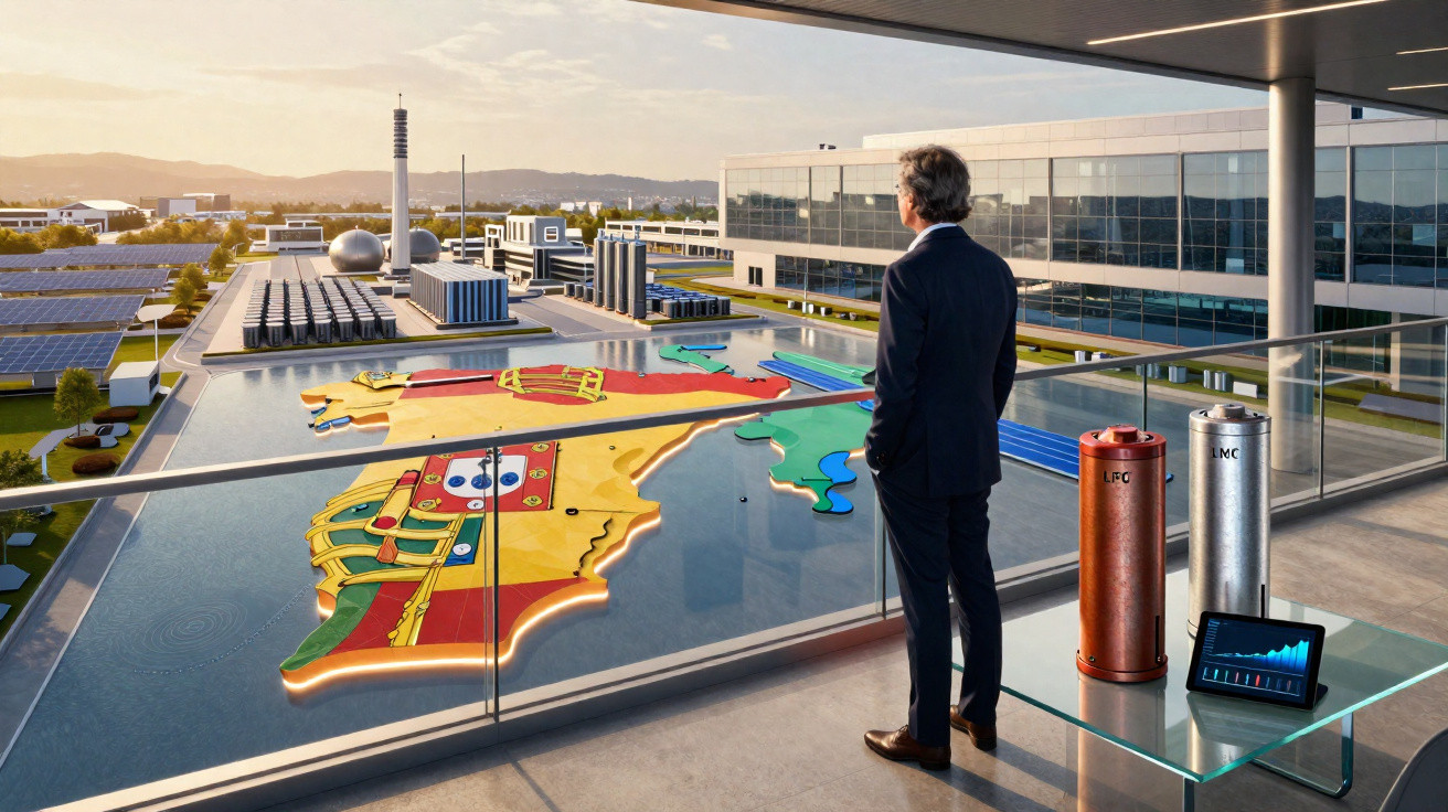 Man in suit overlooking a rooftop water feature shaped and coloured like a circuit board at sunset.