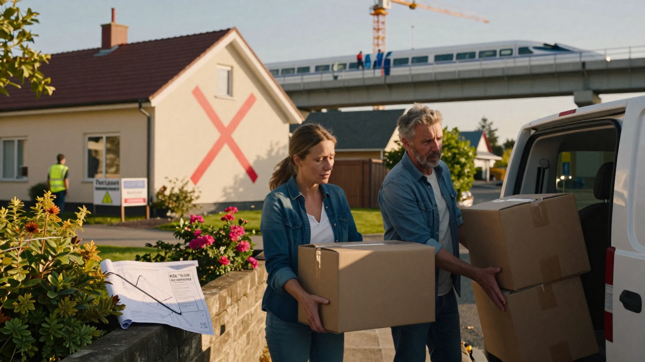 Couple carrying cardboard boxes near a house with a large red X on the wall and a train passing overhead.