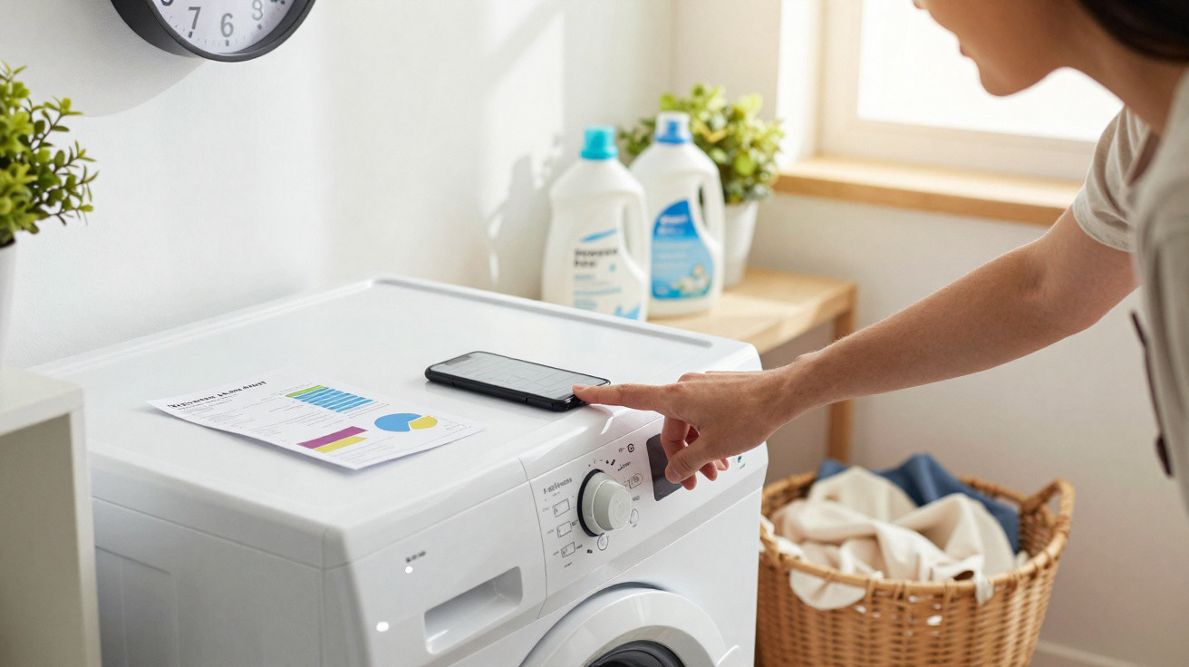 Person pressing button on white washing machine in a bright laundry room with detergent and laundry basket nearby