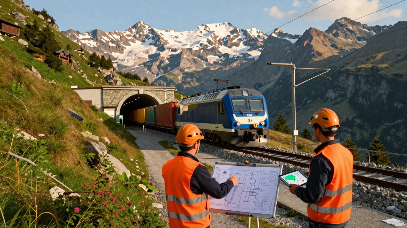 Two railway workers in orange safety gear inspecting train tracks near a tunnel in snowy mountains.