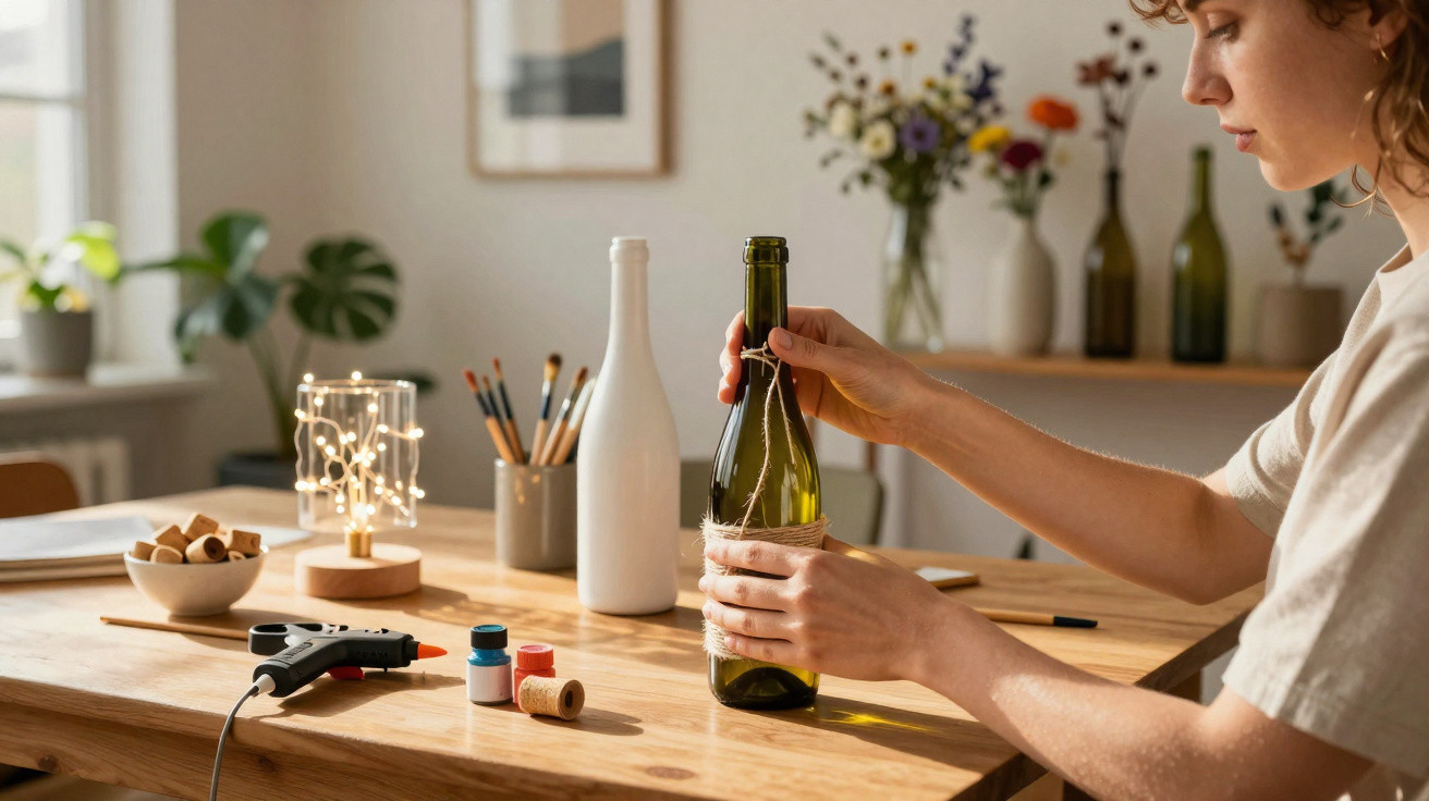 Person decorating a green wine bottle at a wooden table with craft supplies and flowers in the background.