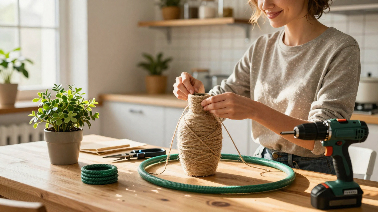 Person crafting a vase wrapped in twine on a wooden table with a plant, tools, and a drill nearby.