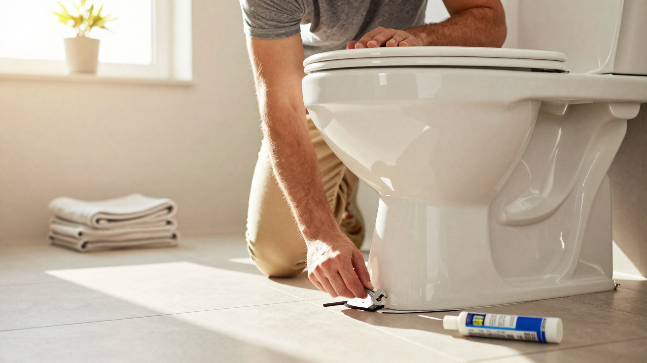Person kneeling on tiled floor adjusting a bolt on a white toilet in a bright bathroom.