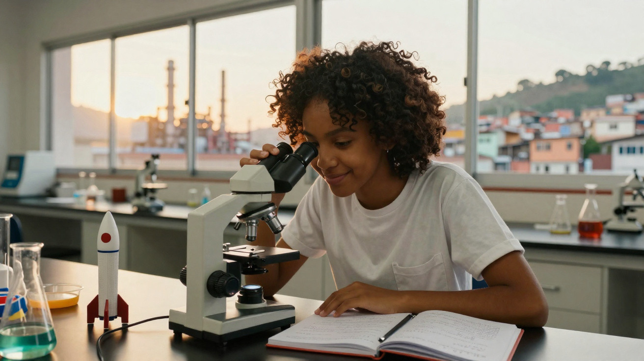 Young student using a microscope in a science lab with a notebook and model rocket on the table.