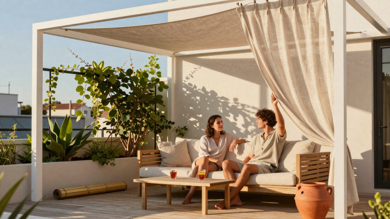 Couple sitting and conversing on a shaded wooden outdoor sofa under a pergola with plants and drinks on a table.