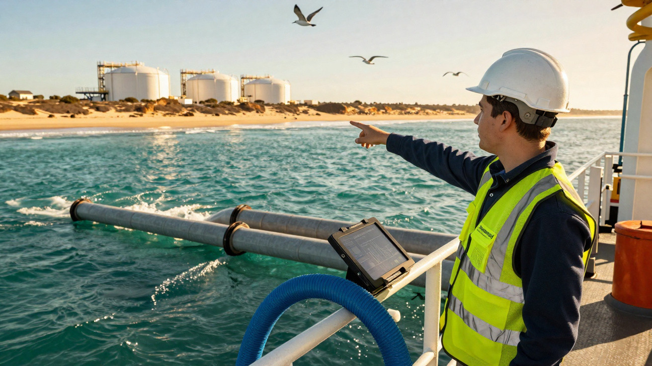 Man in safety gear points towards offshore fuel storage tanks from a boat near the shore.