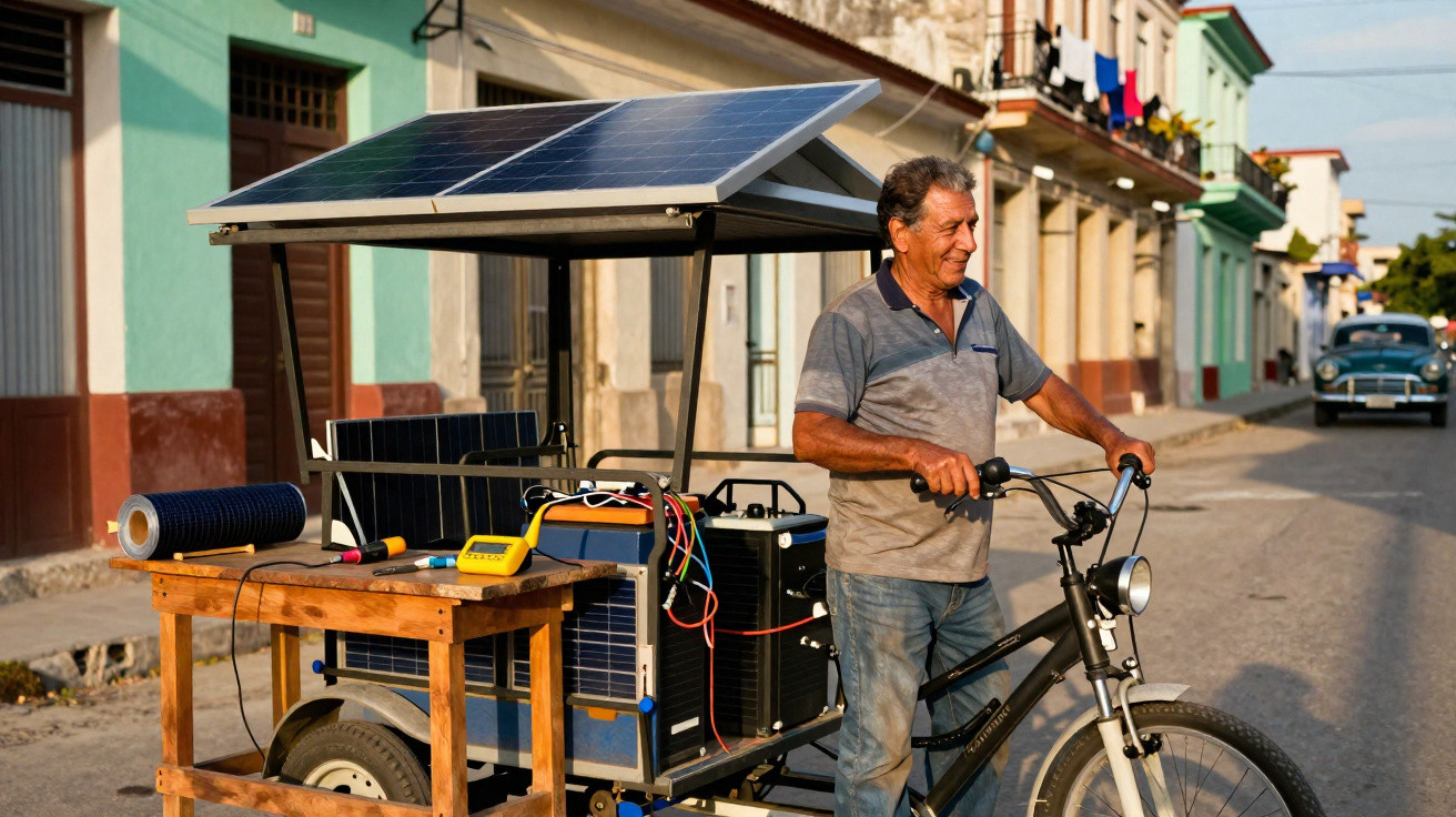 Man standing beside a tricycle equipped with solar panels and electrical equipment on a sunny street.