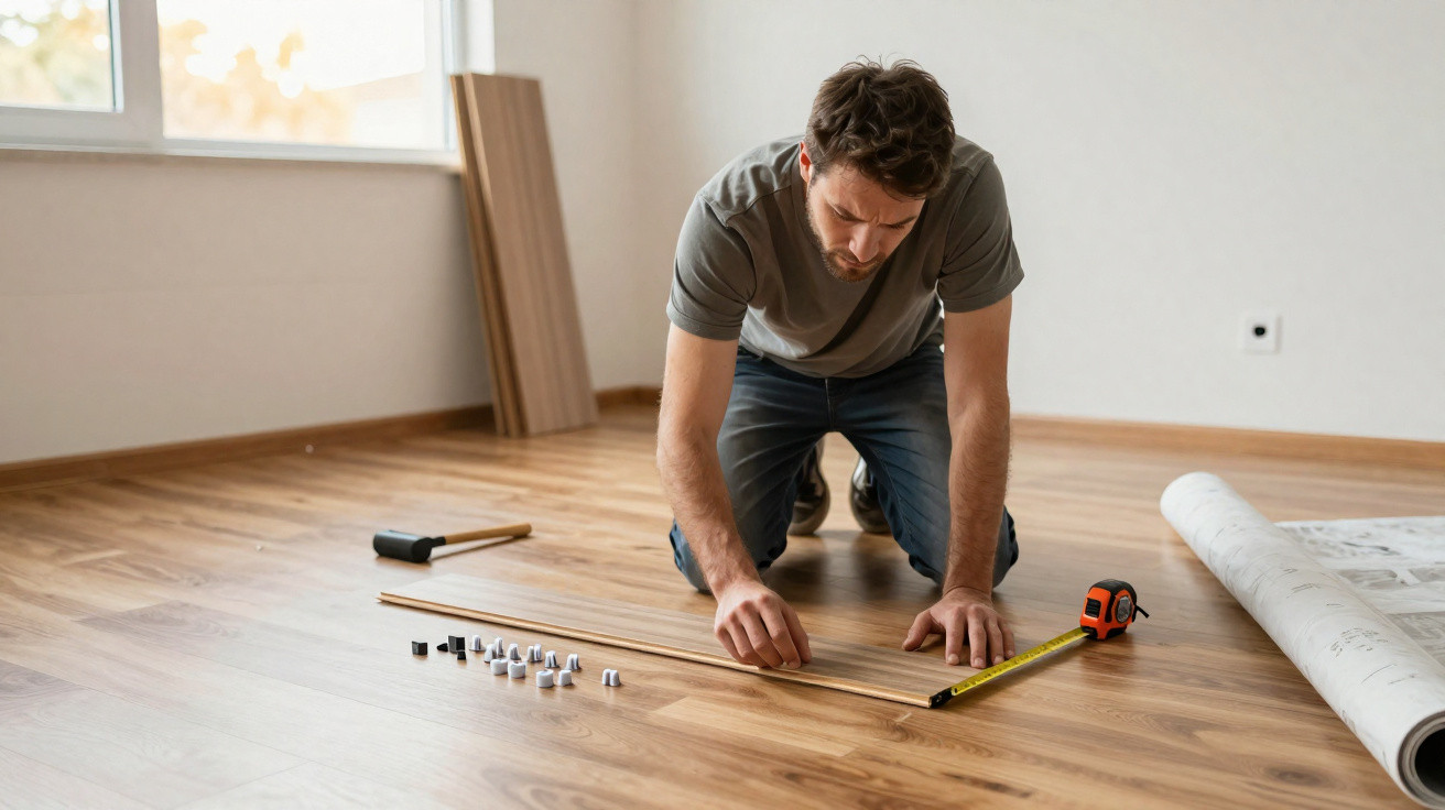 Man measuring wooden strips on floor with tape measure while assembling furniture in empty room