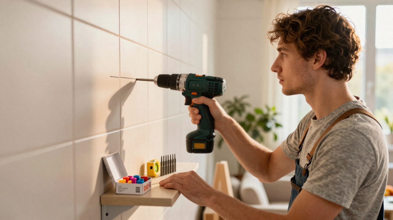 Young man drilling into tiled wall above a small wooden shelf with tools in a bright room.
