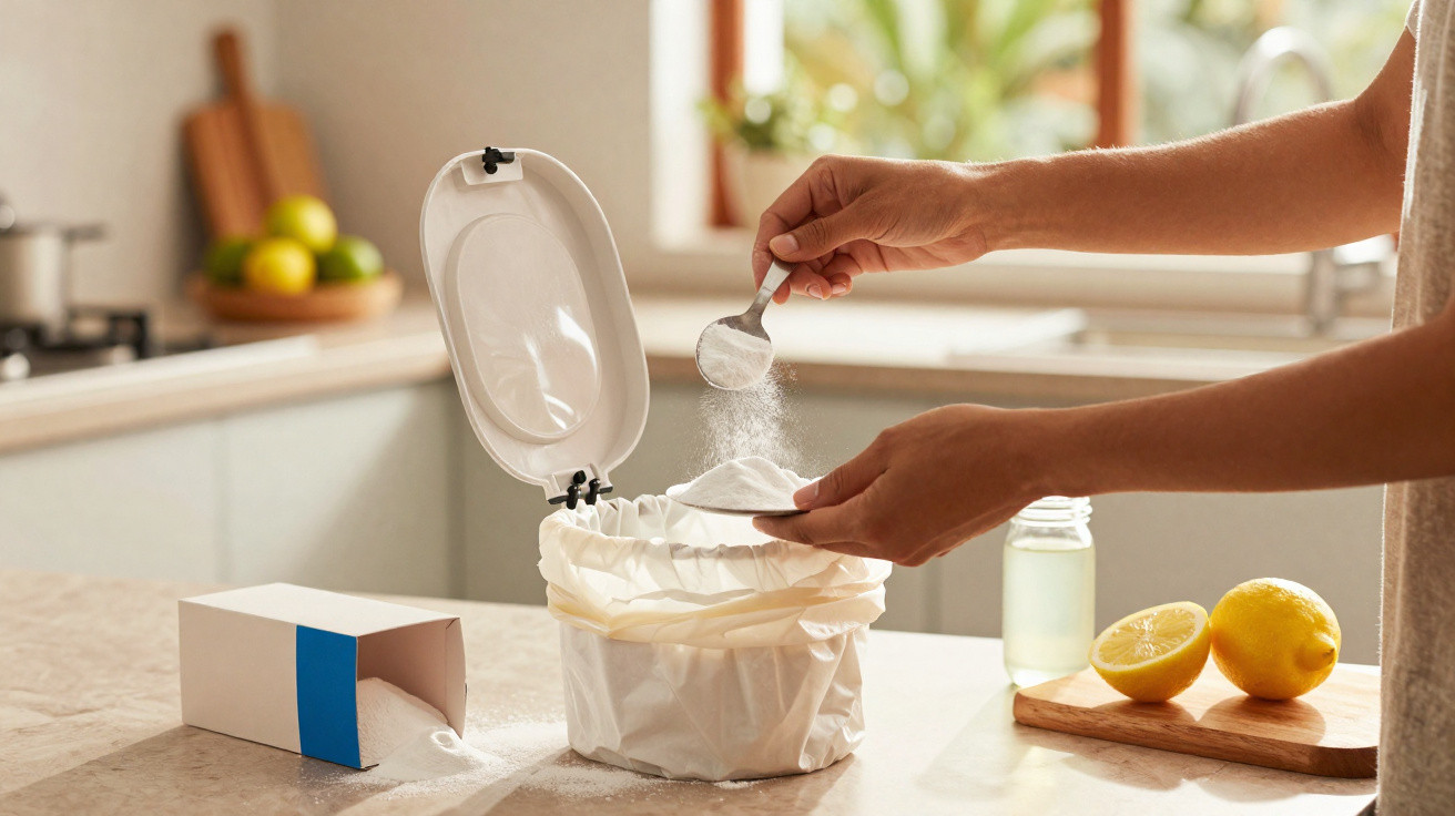 Person pouring white powder from a scoop into a small lined kitchen rubbish bin on a countertop.