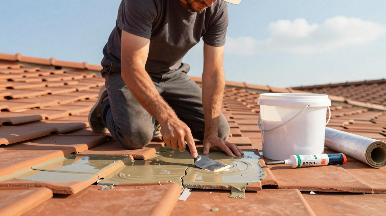 Man applying sealant on a cracked roof tile while kneeling on a tiled roof under a clear sky.