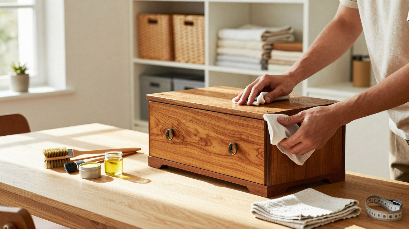Person cleaning and polishing a wooden box on a light wood table in a bright room.
