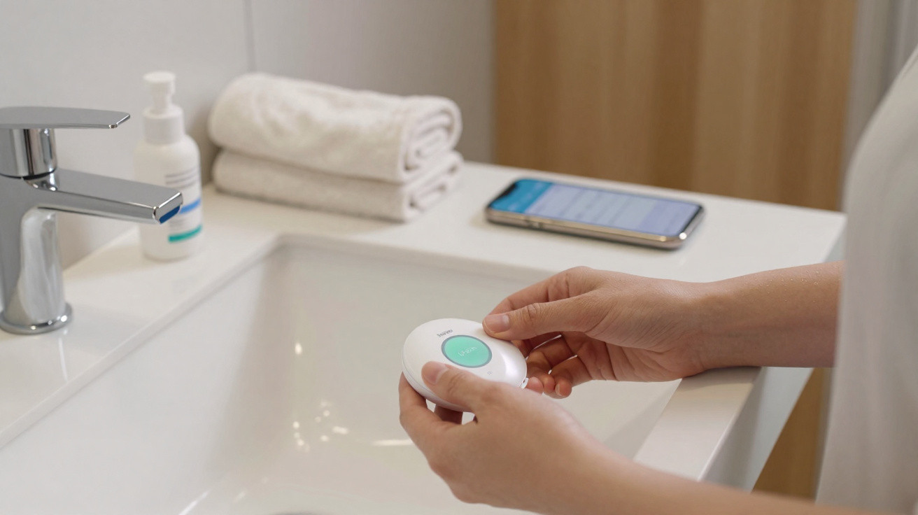 Person holding a white and green round device near a bathroom sink with towels and a smartphone in the background.