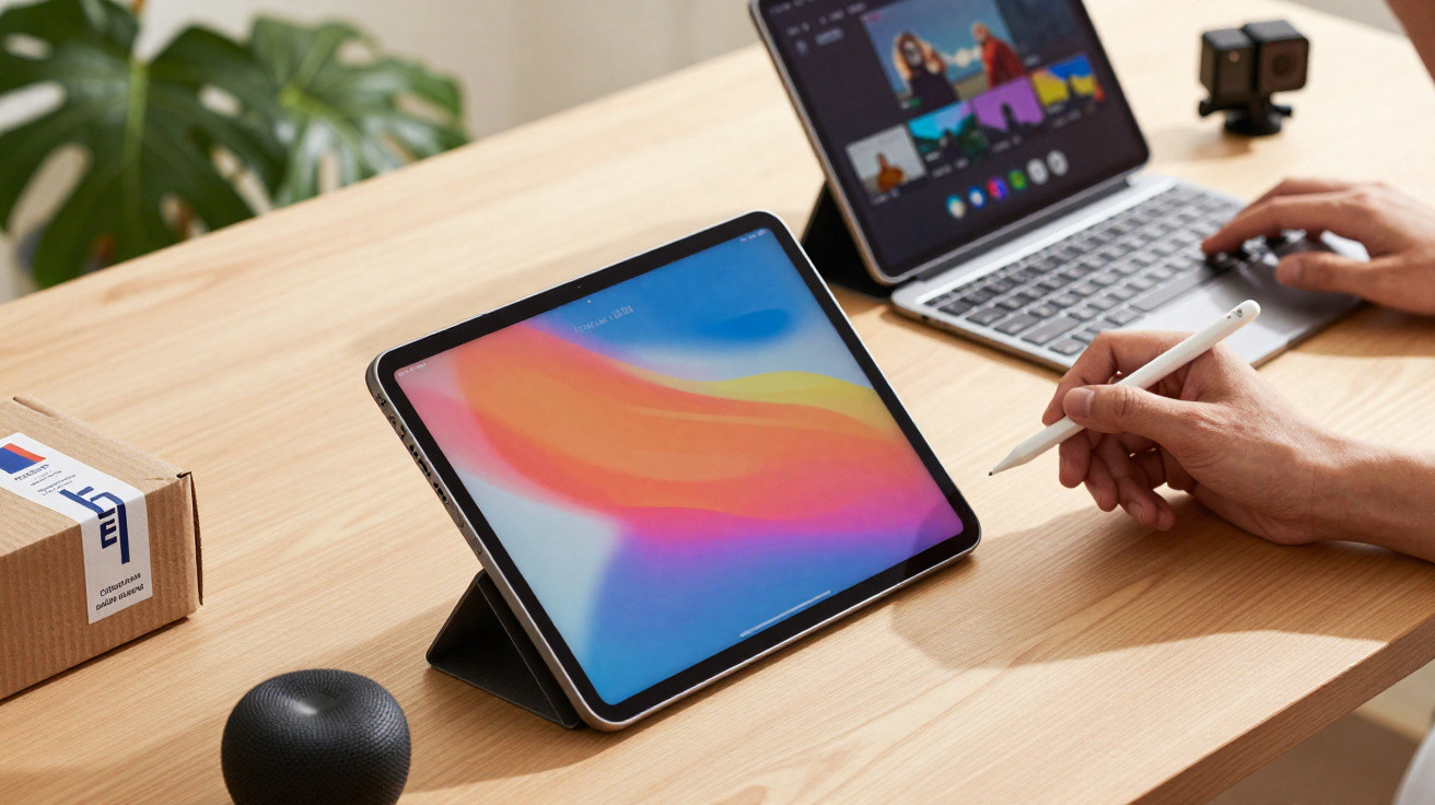 Person using stylus with tablet and laptop showing video call on wooden desk with plant and smart speaker nearby