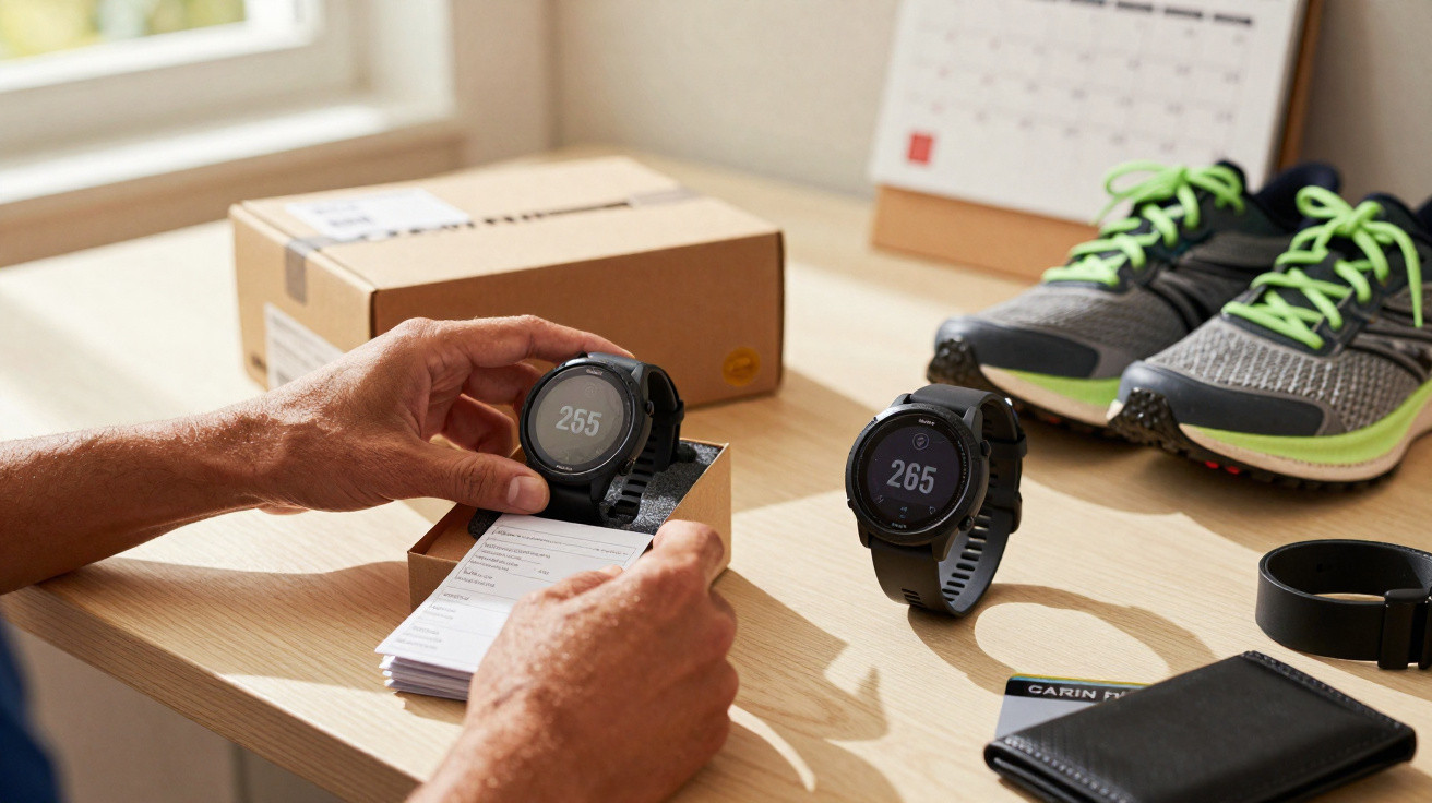 Person holding a Garmin sports watch with box, another watch, running shoes, and a calendar on a wooden desk.