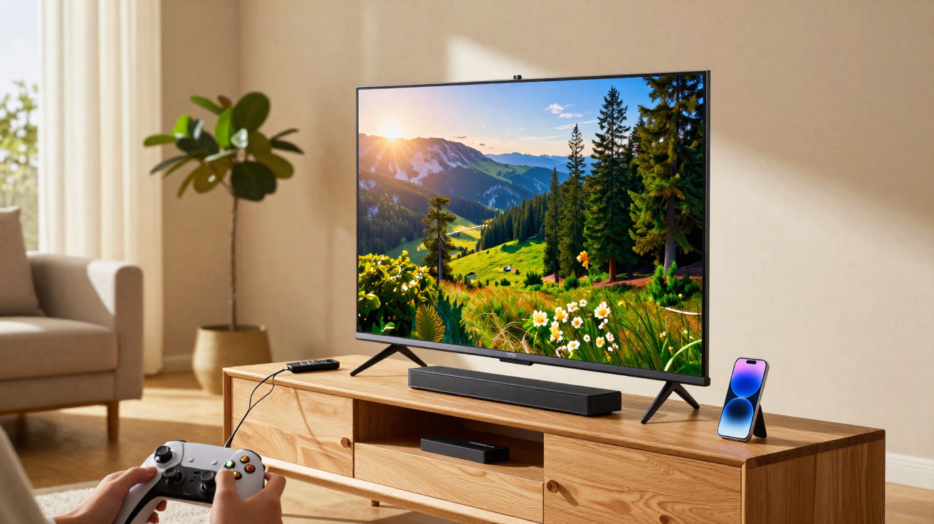 Person holding a game controller in front of a TV displaying a bright mountain landscape on a wooden TV stand.
