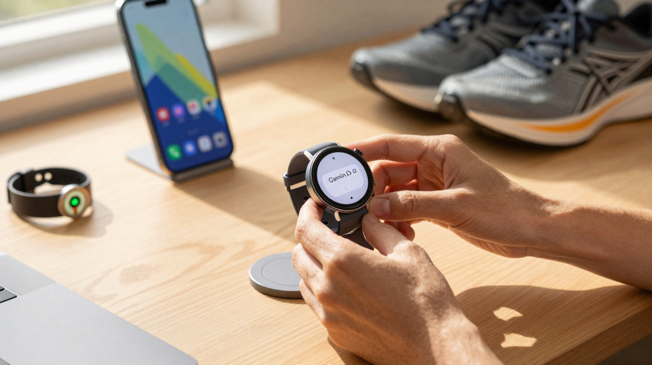 Person adjusting a Garmin smartwatch on a wooden desk with a smartphone, another watch, and running shoes nearby.