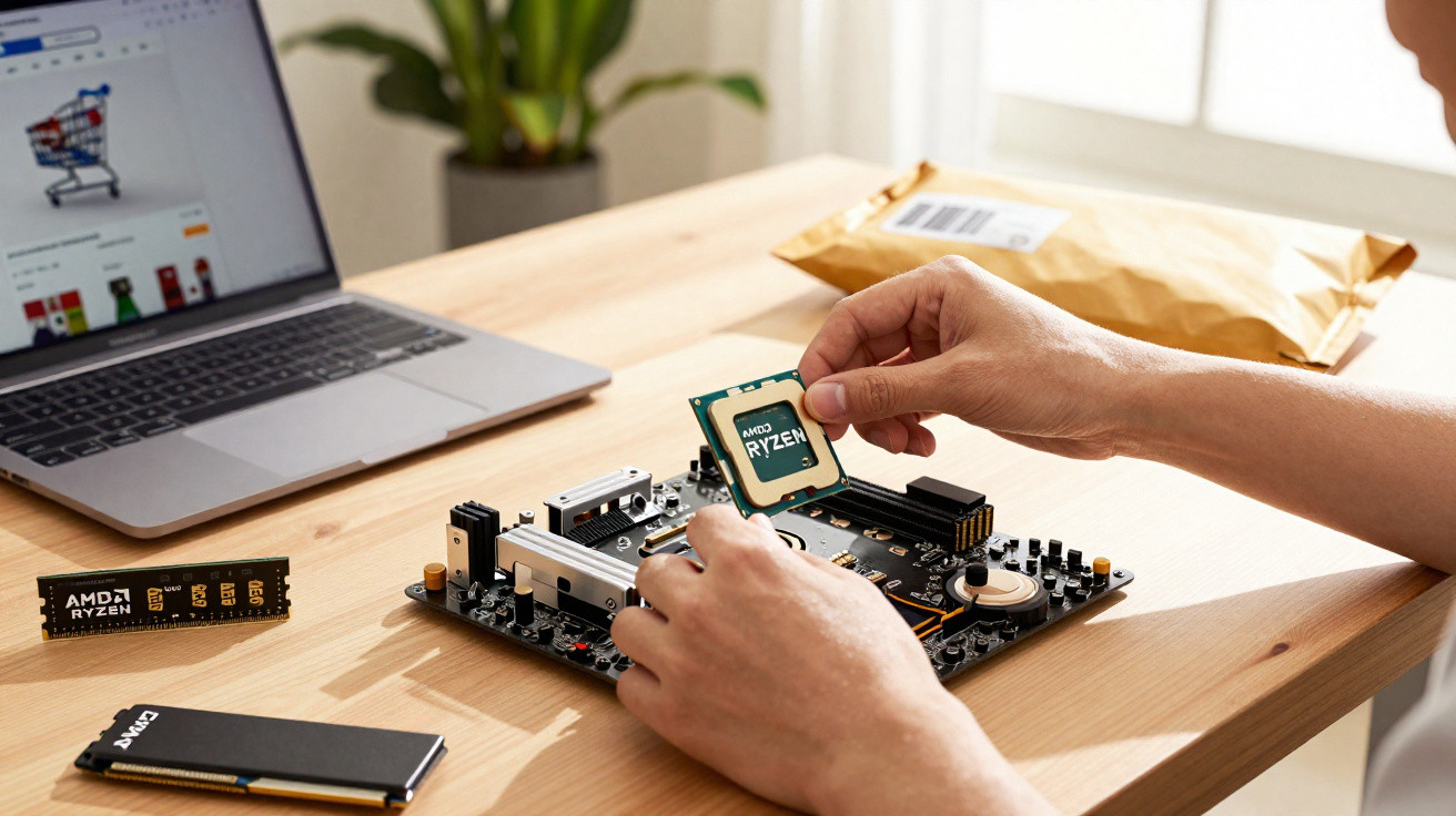 Person installing an AMD Ryzen CPU onto a computer motherboard on a wooden desk.