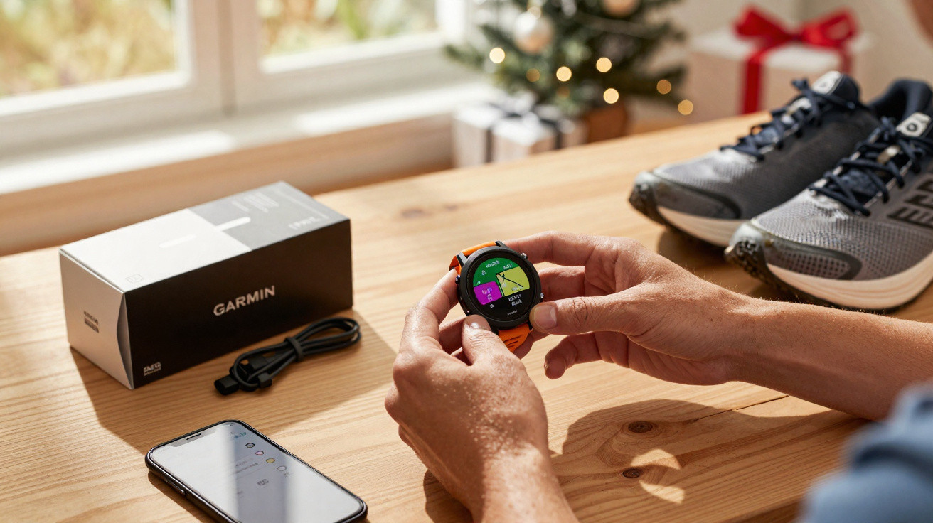 Person holding an orange Garmin smartwatch displaying fitness stats beside a phone, charger, and running shoes on a wooden ta