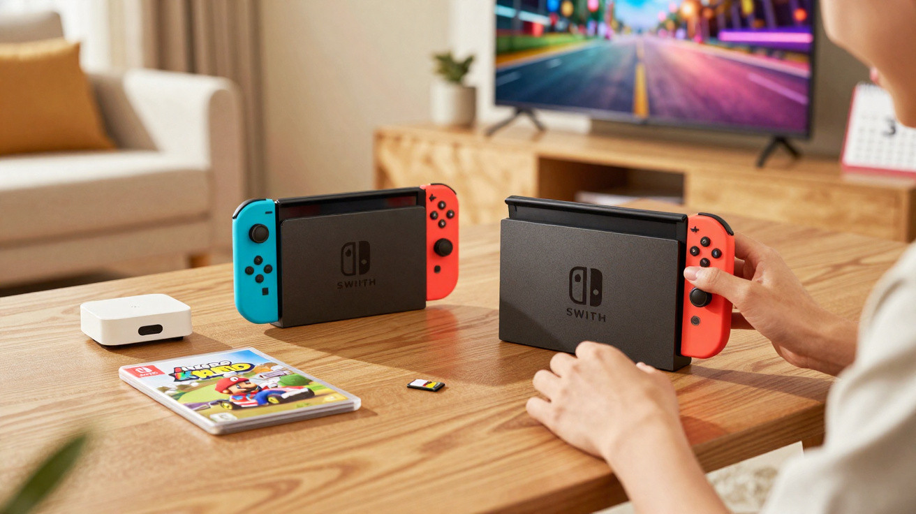 Person holding a Nintendo Switch console with two Switch docks, a game card, and a Super Mario game case on a wooden table.