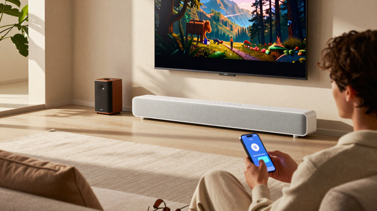Person using smartphone to control white soundbar under wall-mounted TV in a bright living room.