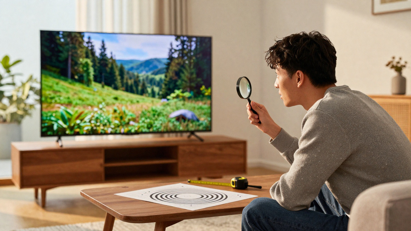 Young man using magnifying glass to examine a target sheet in a living room with a nature TV screen.