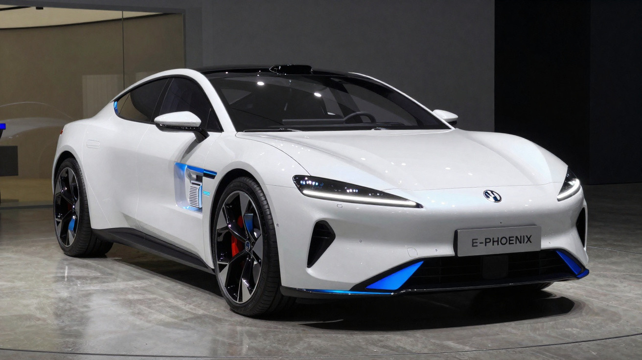 White electric sports car MG E-Phoenix with blue accents displayed indoors on polished concrete floor.