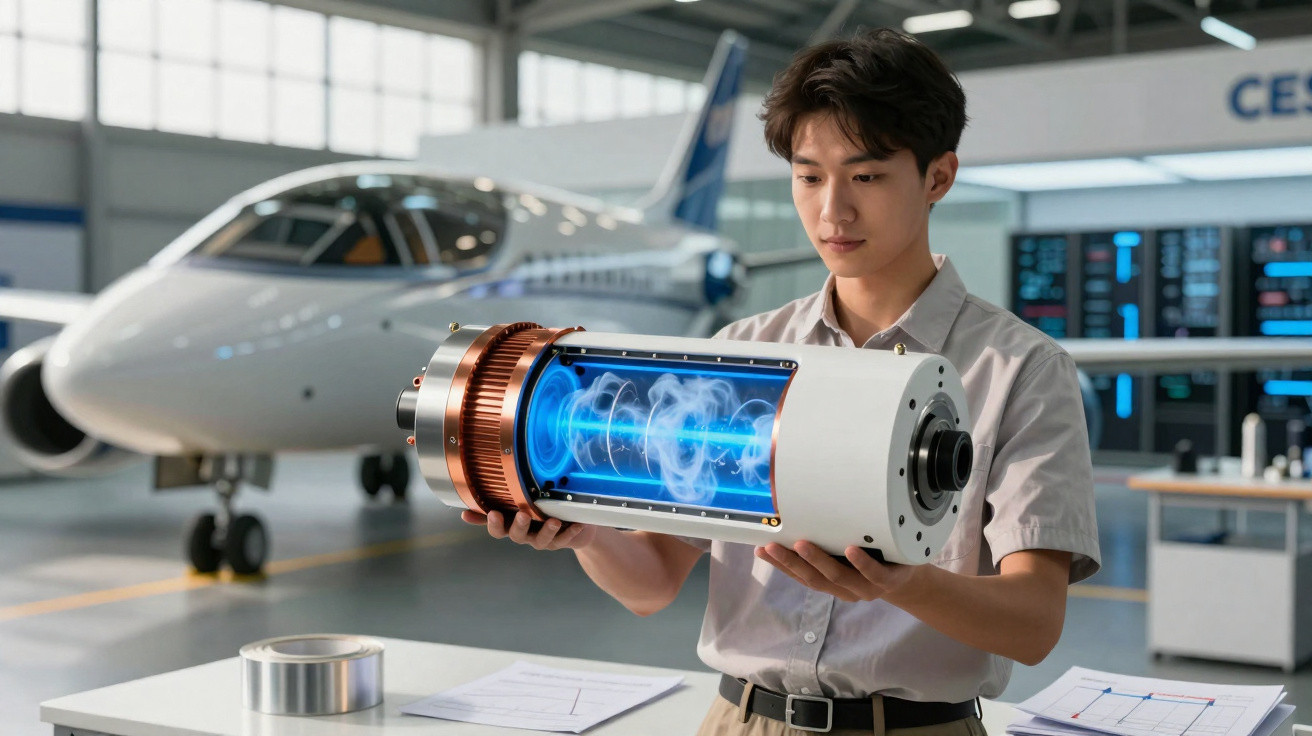 Engineer examining a futuristic aircraft engine component with blue energy effects in a hangar near a white jet plane.