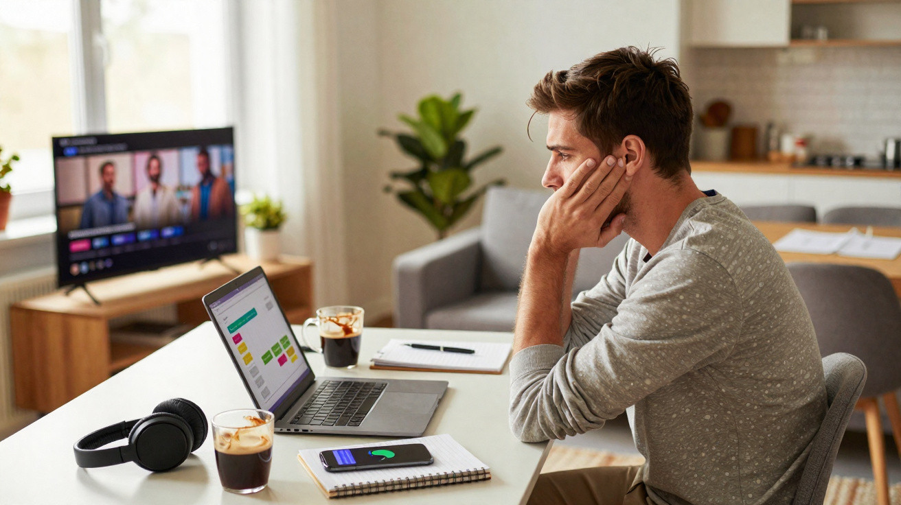 Man sitting at a desk working on a laptop in a living room with drinks, headphones, and a TV in the background.