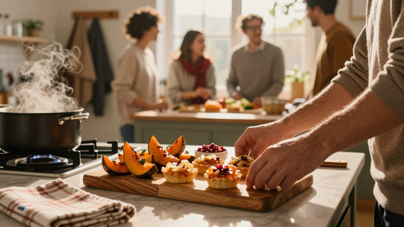 Hands arranging mini fruit tarts on a wooden board in a kitchen with three people chatting in the background.