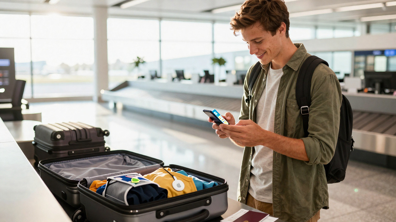 Young man with backpack using smartphone near open suitcase at airport check-in counter.