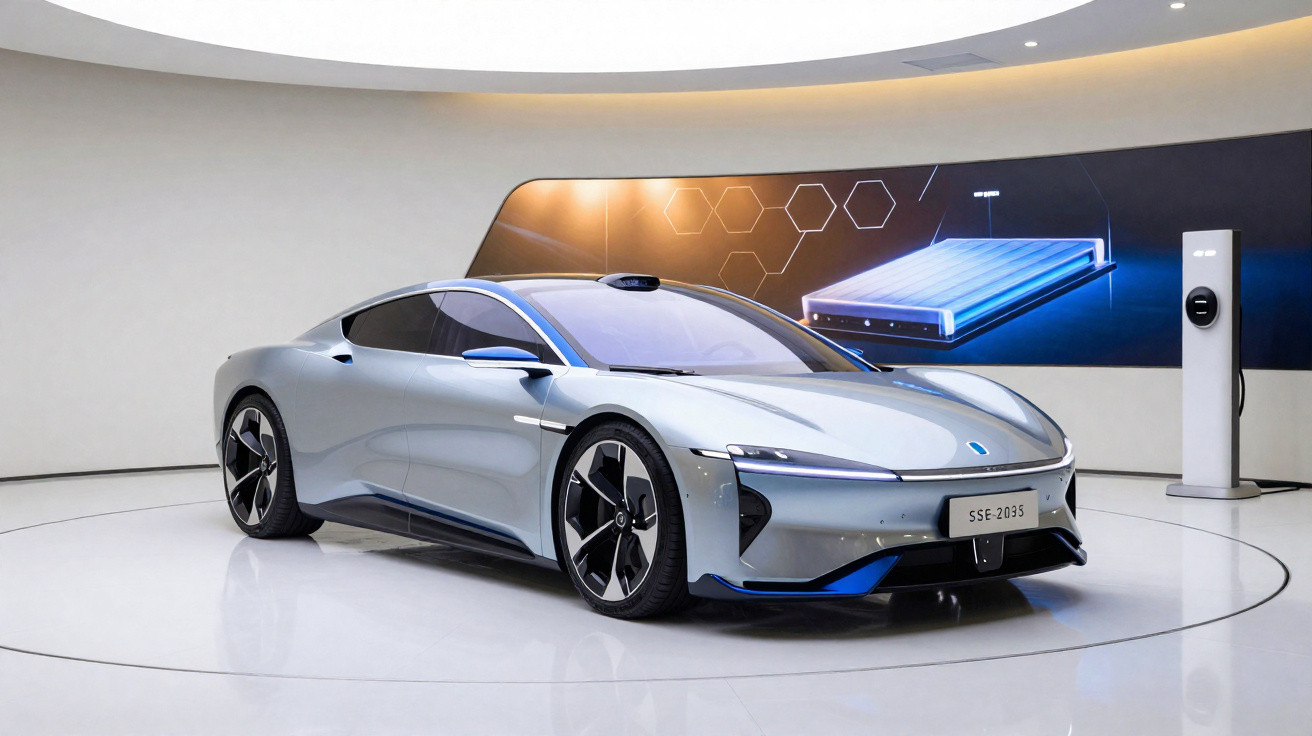 Sleek silver electric sports car on display indoors with charging station and digital battery graphic in the background.