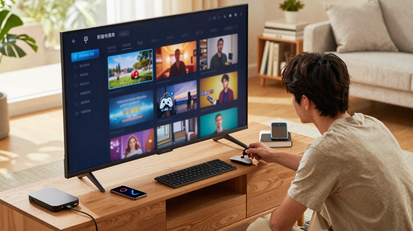 Person using a stylus to navigate a large smart TV screen displaying video content in a bright living room.