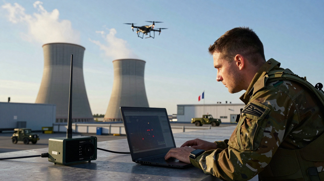 Military personnel operating a drone via laptop near an industrial facility with cooling towers in the background.