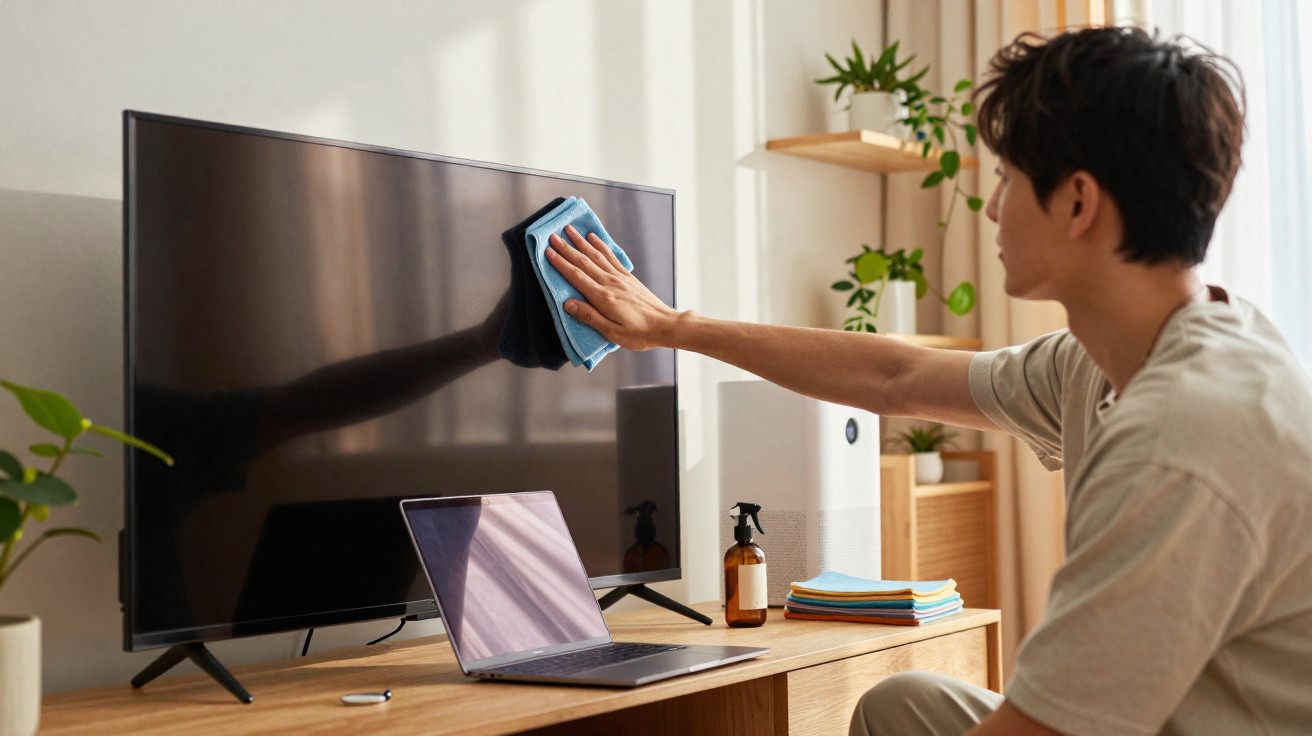 Person cleaning a flat-screen TV with a cloth in a bright living room with plants and a laptop on the table.