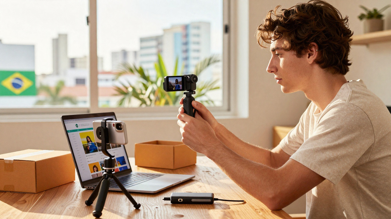 Young man sitting at a desk filming himself with a camera, laptop and cardboard boxes nearby.