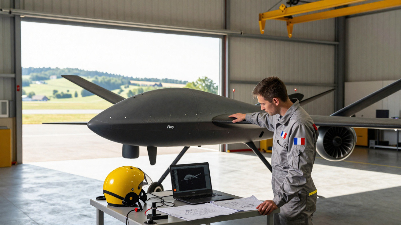 Engineer in grey uniform inspecting a Fury drone inside a hangar with laptop and yellow helmet on table.