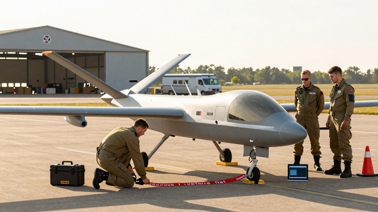 Three military personnel inspect a large grey drone parked on an airfield near an open hangar.