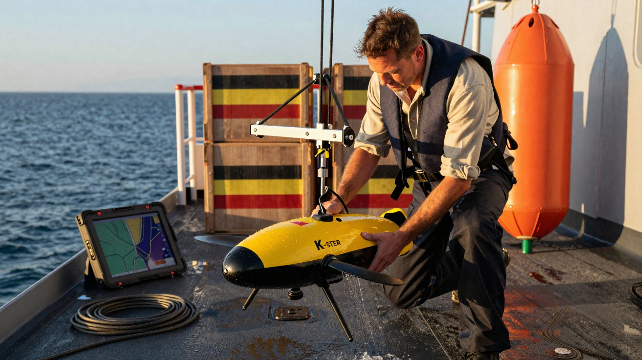 Man on a boat handling a yellow underwater drone labelled K-STER, with ocean and equipment in the background.
