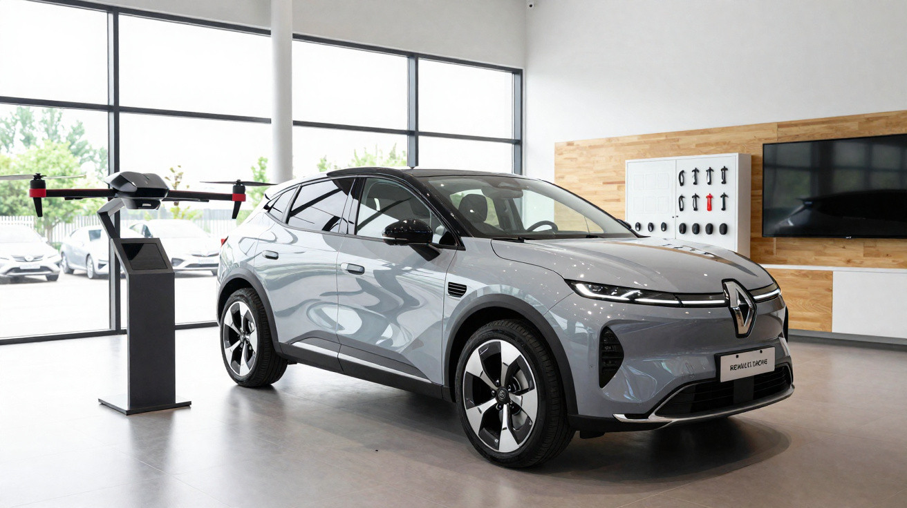 Silver Renault electric car displayed in a modern showroom with large windows and a drone on a stand nearby