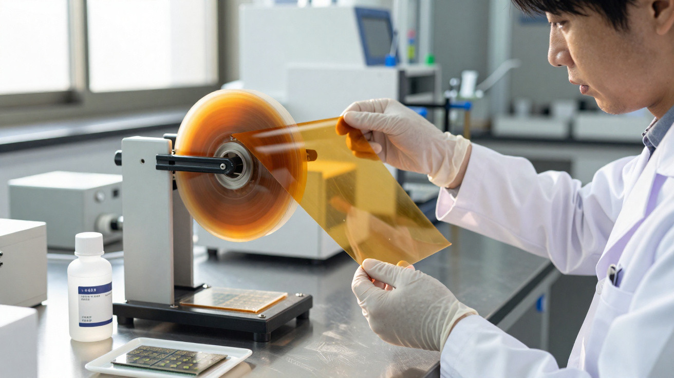 Scientist in laboratory wearing gloves examining orange film on a spinning machine.