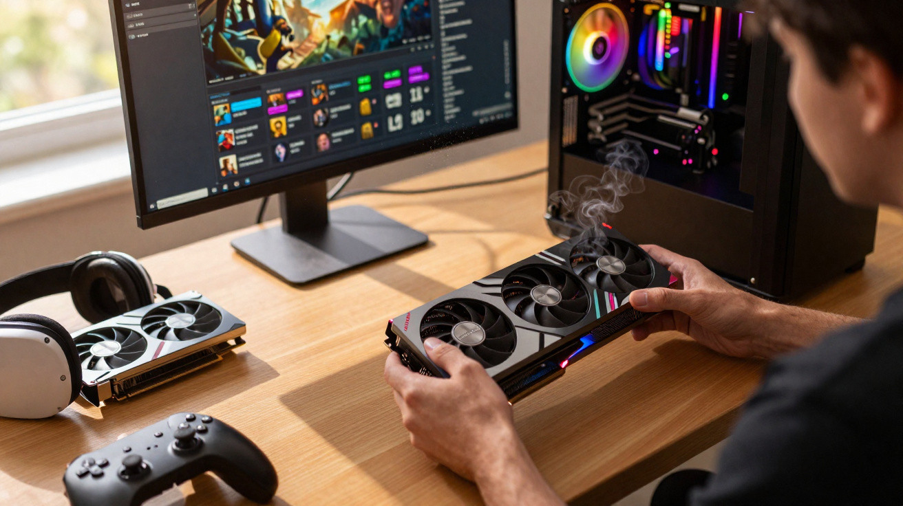 Person holding a smoking graphics card near a gaming PC setup with monitor, controller, and headphones on wooden desk.