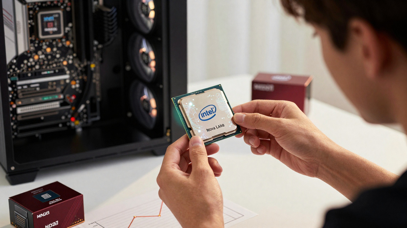 Person holding an Intel Nova Lake CPU chip near an open computer case with cooling fans visible.