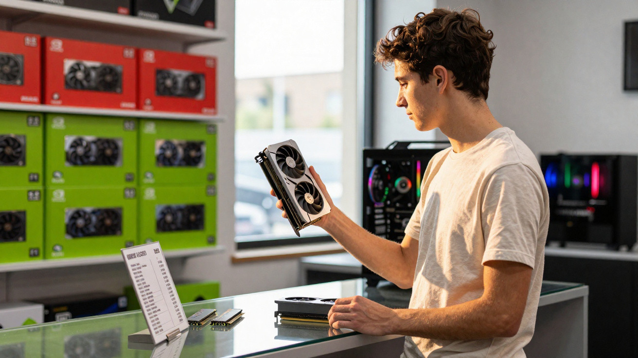 Man examining a graphics card inside a computer hardware store with various GPU boxes displayed on shelves.