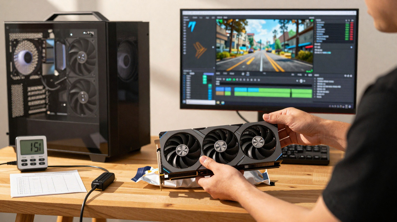 Person holding a triple-fan graphics card with a PC setup and video editing software on screen in the background.