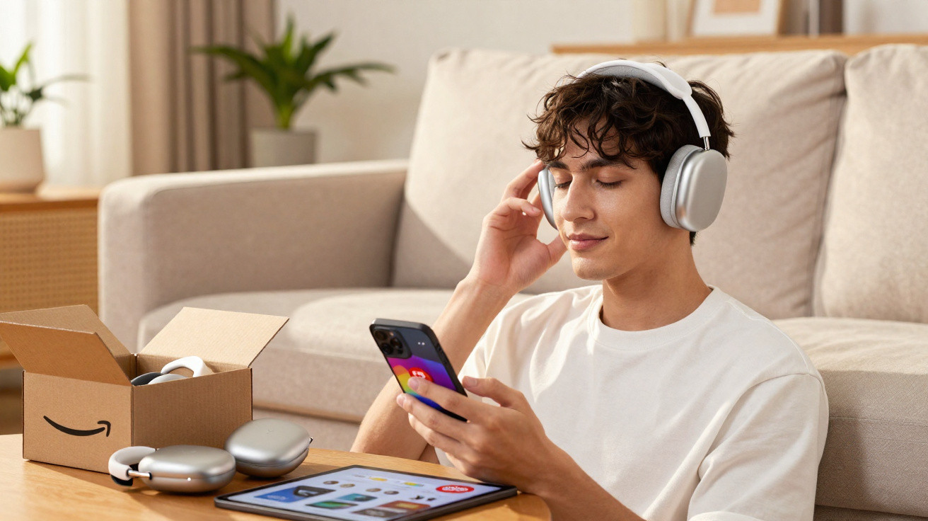 Young man with curly hair wearing silver headphones and using smartphone with tablet on table indoors