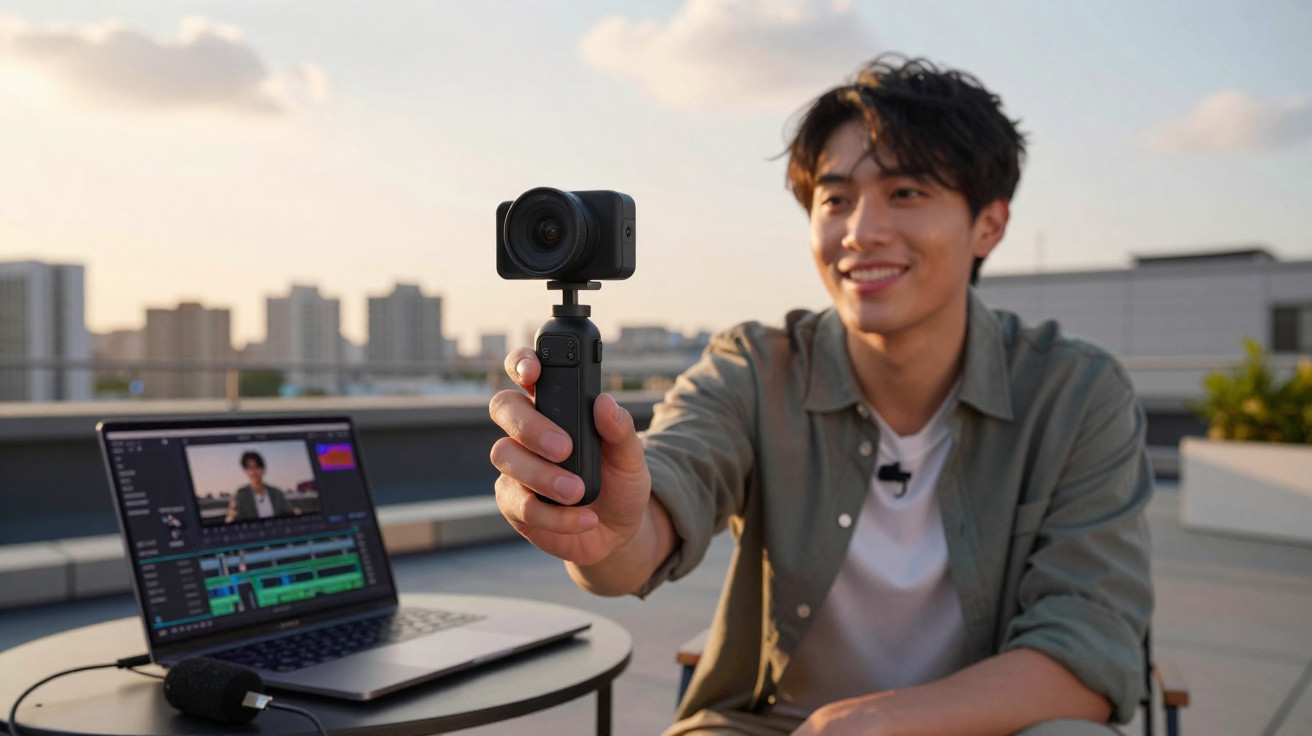 Young man smiling and holding a compact camera on a rooftop with a laptop and microphone on the table.